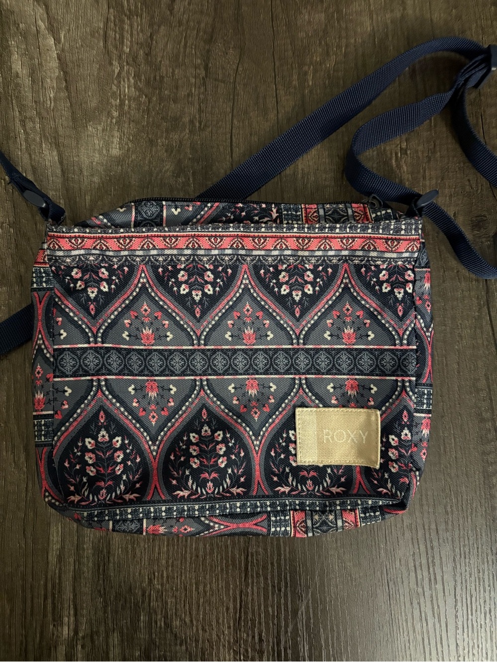 Roxy Navy and Pink Patterned Crossbody Purse